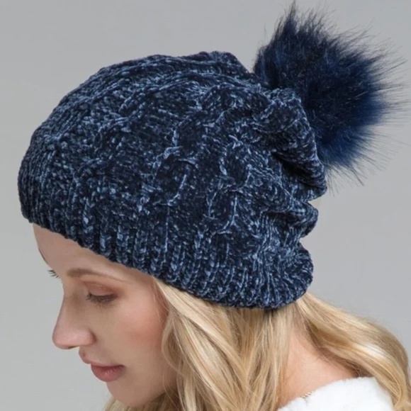 Navy Blue Chenille Cable Knit Faux Fur Pompom Beanie - Picture 1 of 3